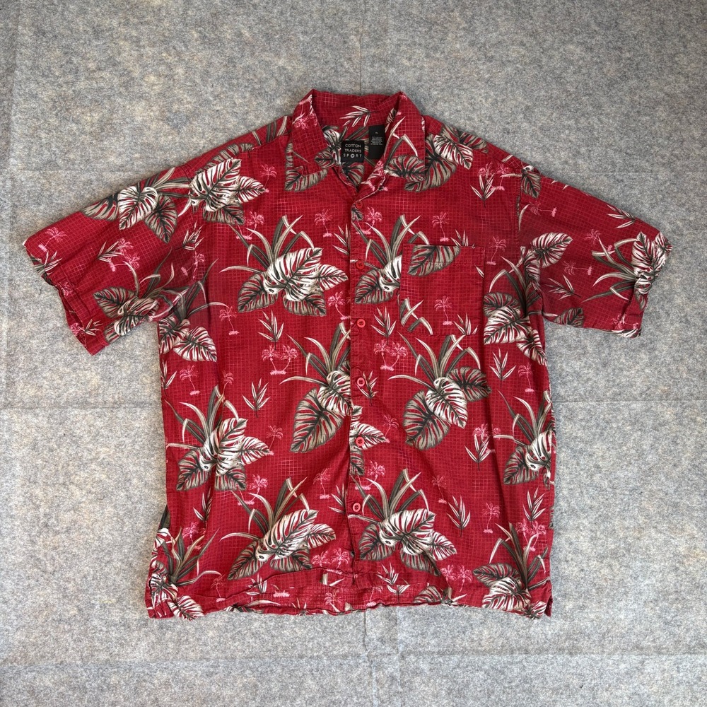 Cotton Traders Sport Mens XL Red Tropical Hawaiian Palm Leaf Button Down Shirt